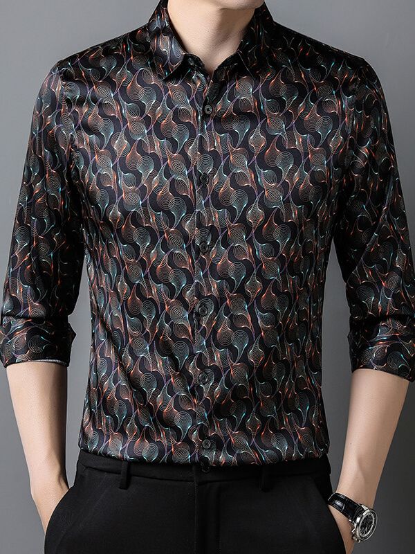 Men's Long Sleeve Black Wave Print Silk Dress Shirt Men's Long Sleeve Black Wave Print Silk Dress Shirt
