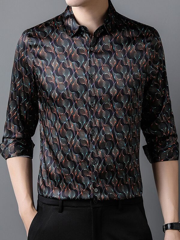Men's Long Sleeve Black Wave Print Silk Dress Shirt Men's Long Sleeve Black Wave Print Silk Dress Shirt