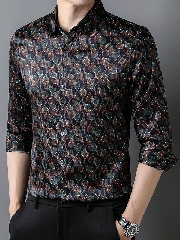 Men's Long Sleeve Black Wave Print Silk Dress Shirt Men's Long Sleeve Black Wave Print Silk Dress Shirt