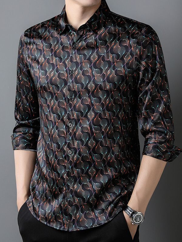 Men's Long Sleeve Black Wave Print Silk Dress Shirt Men's Long Sleeve Black Wave Print Silk Dress Shirt