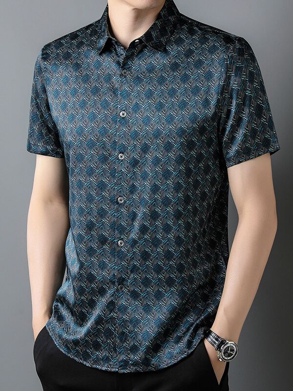 Men's Short Sleeve Geometric Print Teal Blue Silk Dress Shirt Men's Short Sleeve Geometric Print Teal Blue Silk Dress Shirt