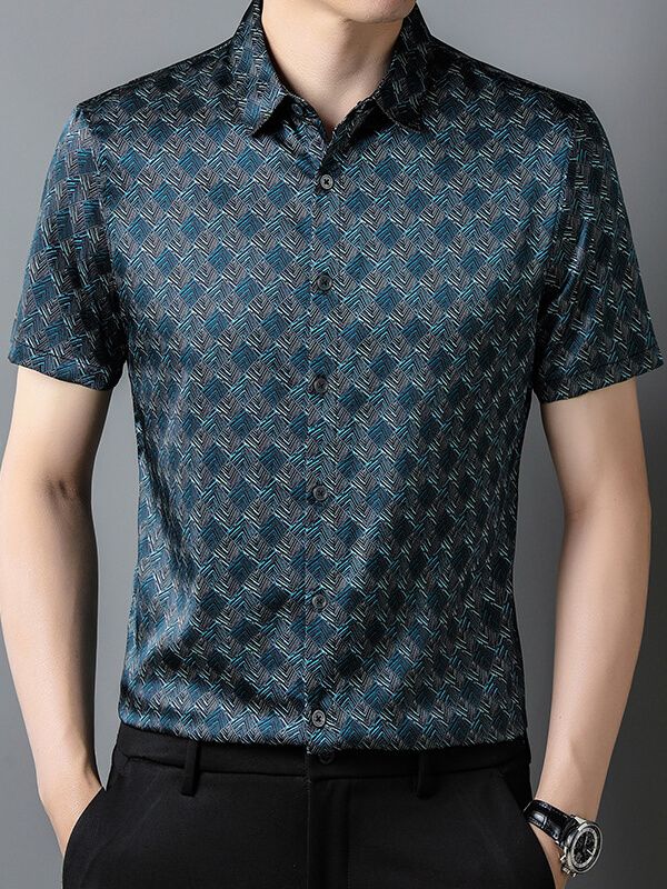 Men's Short Sleeve Geometric Print Teal Blue Silk Dress Shirt Men's Short Sleeve Geometric Print Teal Blue Silk Dress Shirt