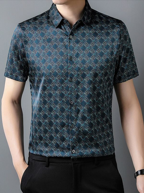 Men's Short Sleeve Geometric Print Teal Blue Silk Dress Shirt Men's Short Sleeve Geometric Print Teal Blue Silk Dress Shirt