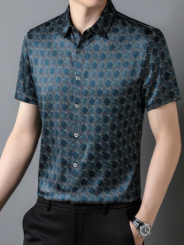 Men's Short Sleeve Geometric Print Teal Blue Silk Dress Shirt Men's Short Sleeve Geometric Print Teal Blue Silk Dress Shirt