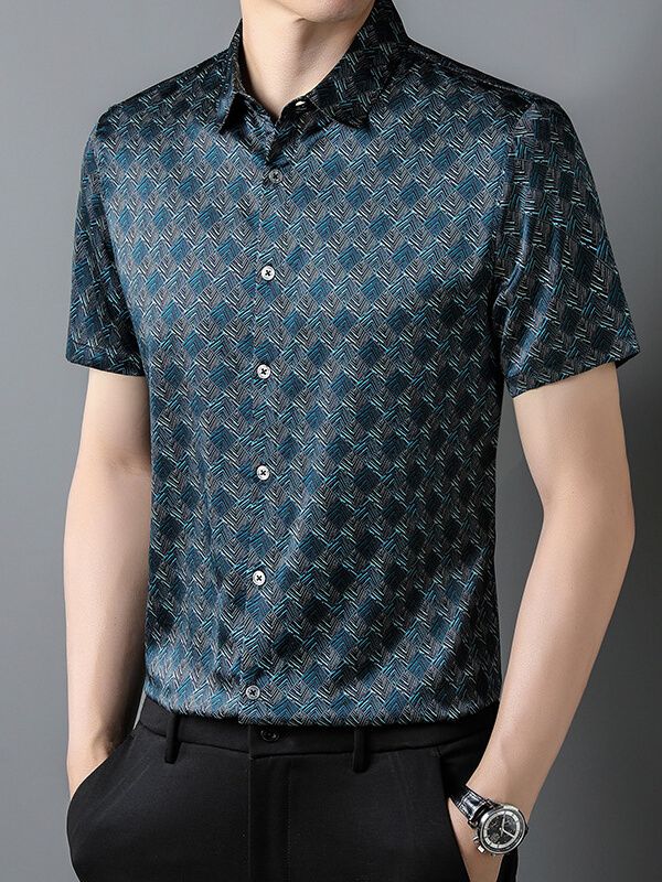 Men's Short Sleeve Geometric Print Teal Blue Silk Dress Shirt Men's Short Sleeve Geometric Print Teal Blue Silk Dress Shirt