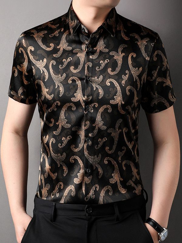 Men's Black and Gold Paisley Short Sleeve Silk Dress Shirt Men's Black and Gold Paisley Short Sleeve Silk Dress Shirt