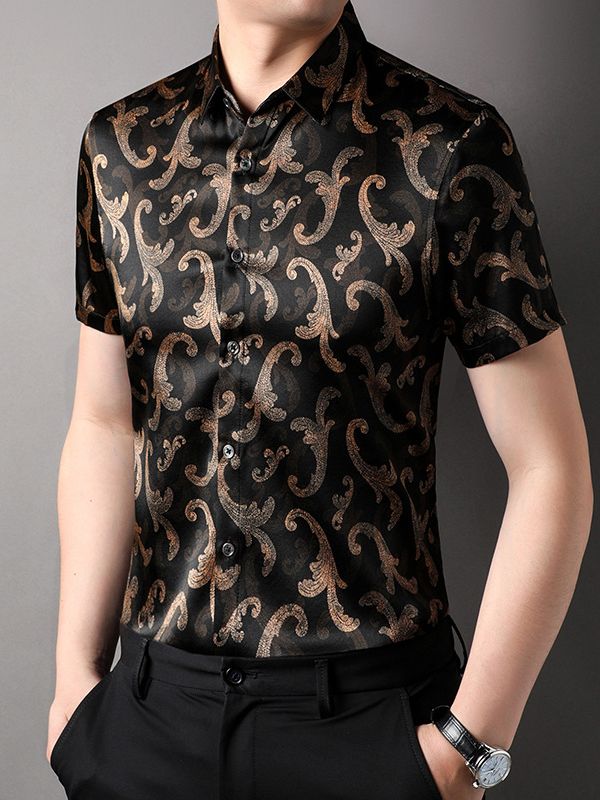 Men's Black and Gold Paisley Short Sleeve Silk Dress Shirt Men's Black and Gold Paisley Short Sleeve Silk Dress Shirt