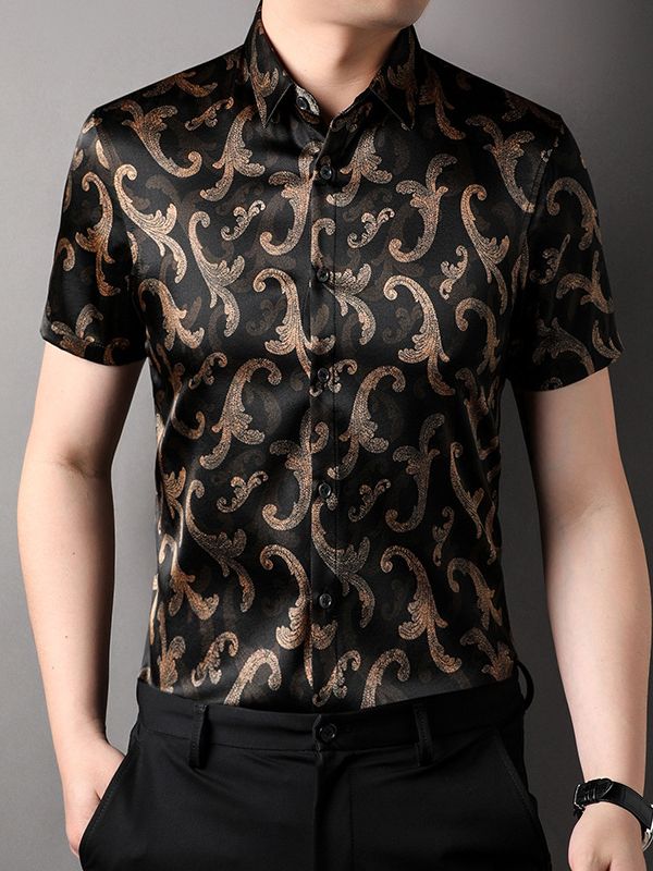 Men's Black and Gold Paisley Short Sleeve Silk Dress Shirt Men's Black and Gold Paisley Short Sleeve Silk Dress Shirt