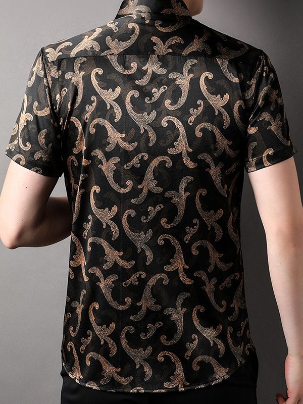 Men's Black and Gold Paisley Short Sleeve Silk Dress Shirt Men's Black and Gold Paisley Short Sleeve Silk Dress Shirt