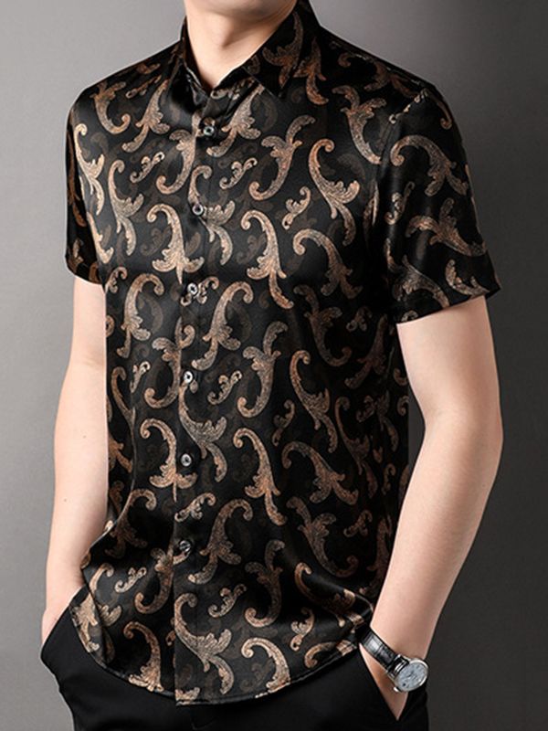 Men's Black and Gold Paisley Short Sleeve Silk Dress Shirt Men's Black and Gold Paisley Short Sleeve Silk Dress Shirt