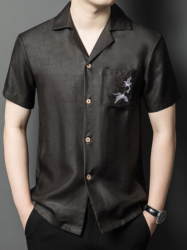 Men's Black Silk Camp Collar Shirt with Embroidered Crane Pocket Men's Black Silk Camp Collar Shirt with Embroidered Crane Pocket