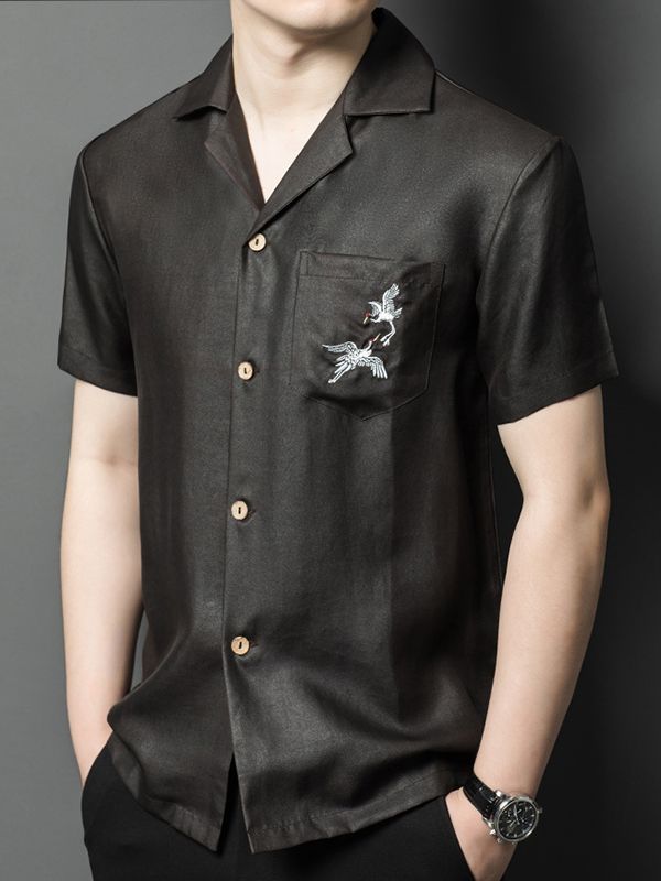 Men's Black Silk Camp Collar Shirt with Embroidered Crane Pocket Men's Black Silk Camp Collar Shirt with Embroidered Crane Pocket