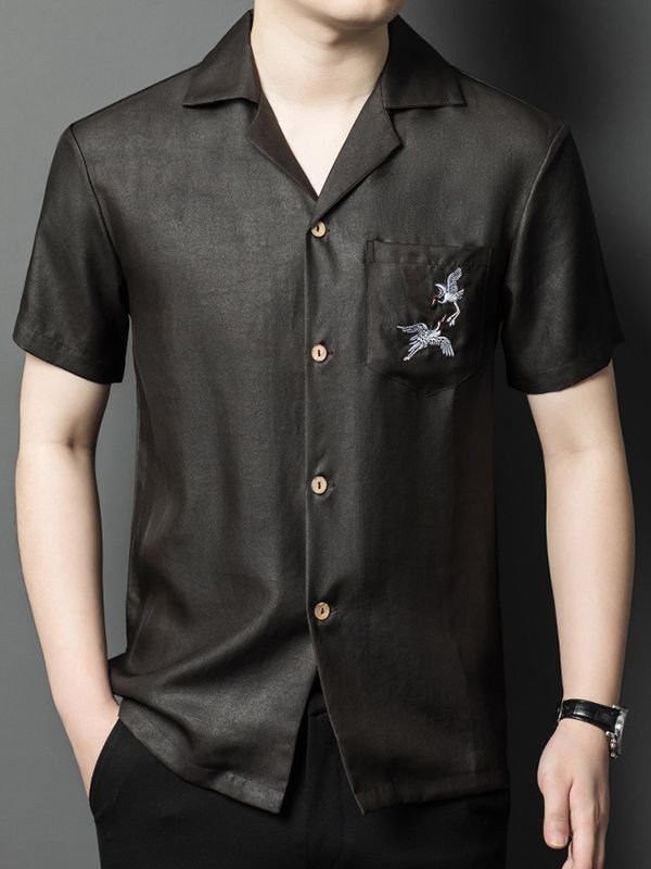 Men's Black Silk Camp Collar Shirt with Embroidered Crane Pocket Men's Black Silk Camp Collar Shirt with Embroidered Crane Pocket