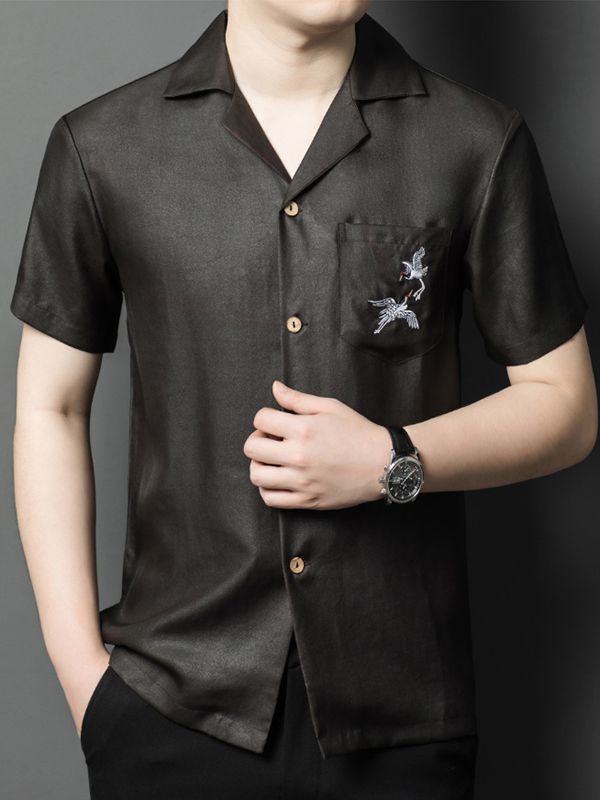 Men's Black Silk Camp Collar Shirt with Embroidered Crane Pocket Men's Black Silk Camp Collar Shirt with Embroidered Crane Pocket