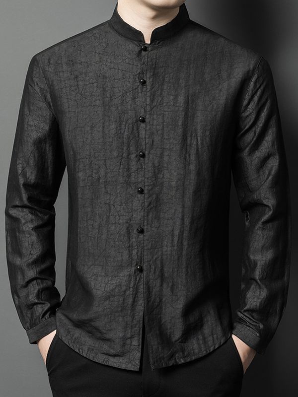 Men's Black Long Sleeve Mandarin Collar Silk Button-Up Shirt Men's Black Long Sleeve Mandarin Collar Silk Button-Up Shirt
