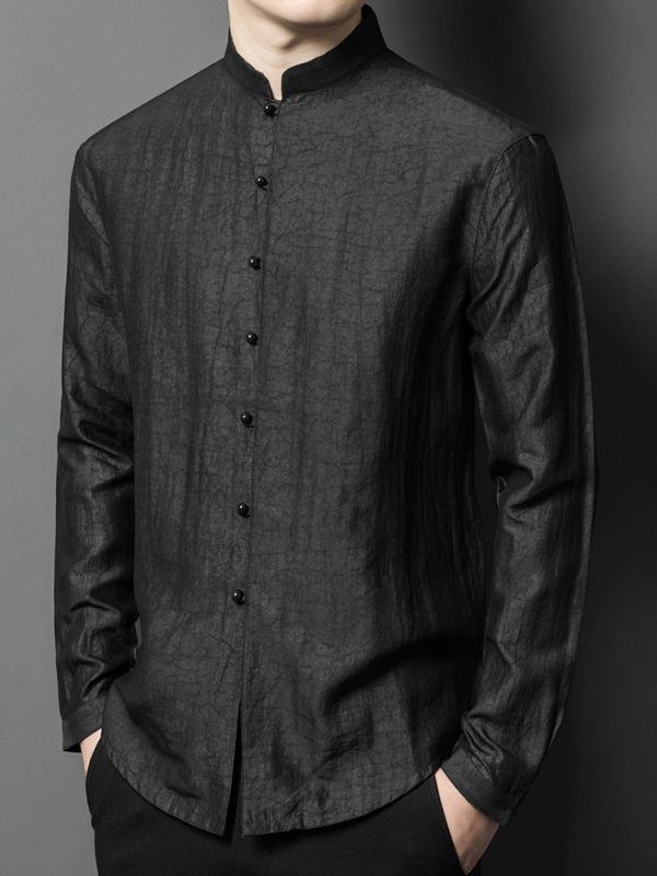 Men's Black Long Sleeve Mandarin Collar Silk Button-Up Shirt Men's Black Long Sleeve Mandarin Collar Silk Button-Up Shirt