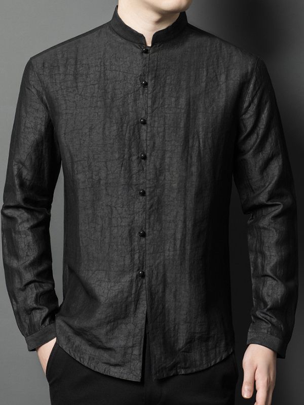 Men's Black Long Sleeve Mandarin Collar Silk Button-Up Shirt Men's Black Long Sleeve Mandarin Collar Silk Button-Up Shirt