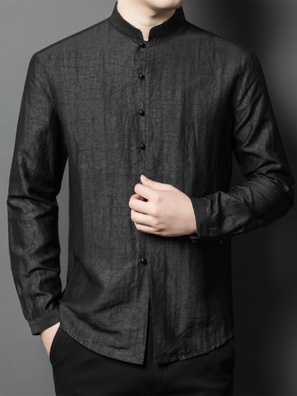 Men's Black Long Sleeve Mandarin Collar Silk Button-Up Shirt Men's Black Long Sleeve Mandarin Collar Silk Button-Up Shirt