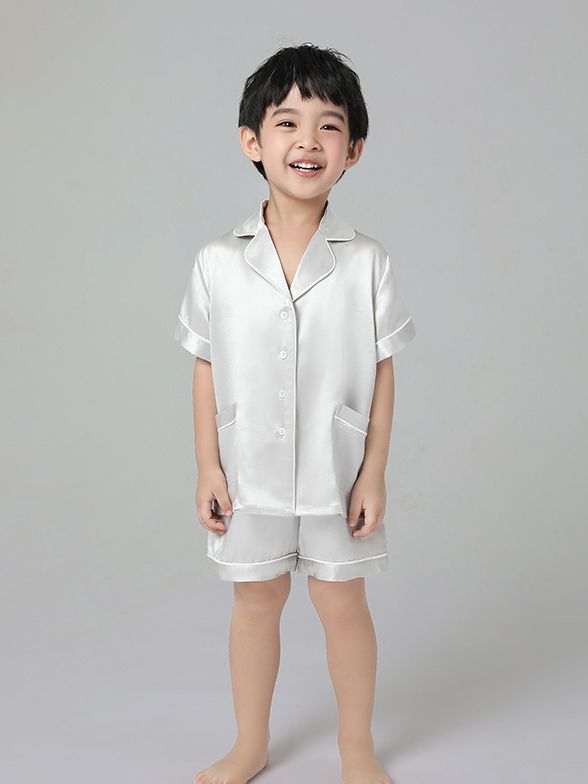 Girls Short Silk Pajamas Set Children's Fashion Home Wear White Trimmi