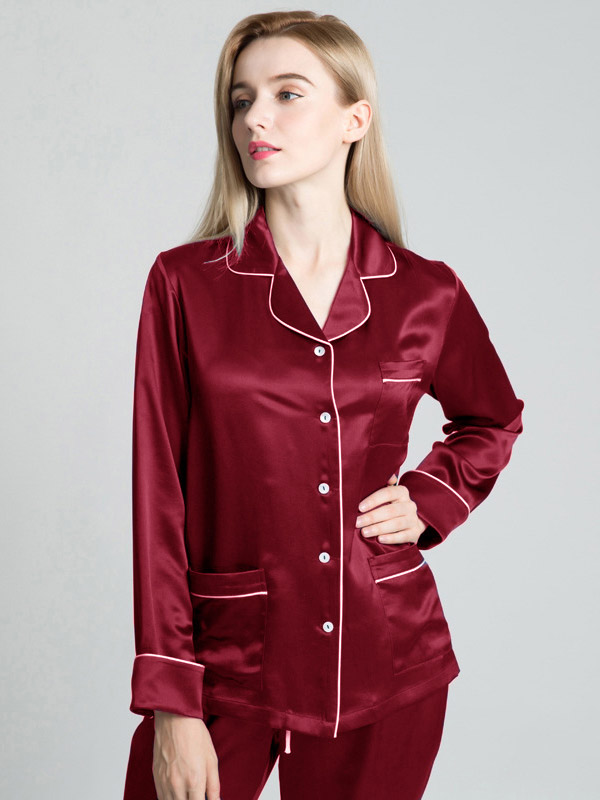 19 Momme Classic Trimmed Long Silk Pajama Set For Women [FS047] - $189.00