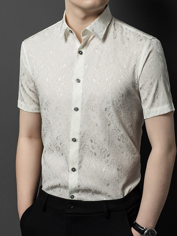 Men's Short Sleeve Floral Jacquard Silk Shirt