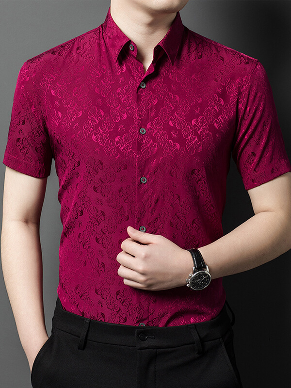 Men's Short Sleeve Floral Jacquard Silk Shirt