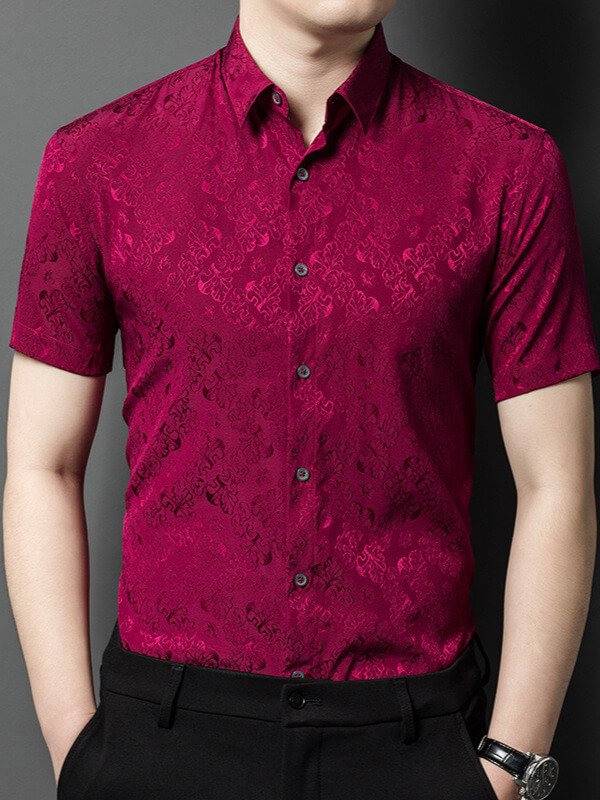 Men's Short Sleeve Floral Jacquard Silk Shirt