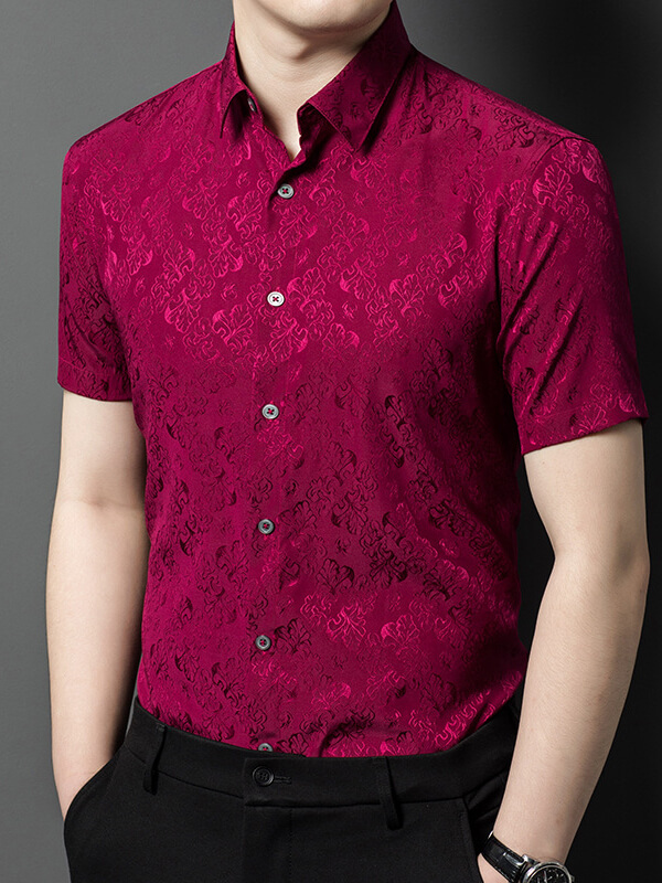 Men's Short Sleeve Floral Jacquard Silk Shirt