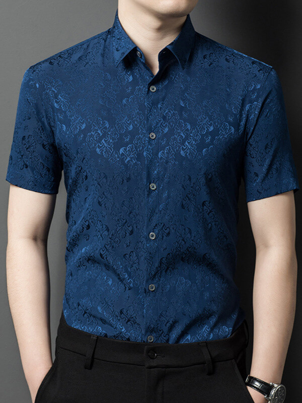 Men's Short Sleeve Floral Jacquard Silk Shirt