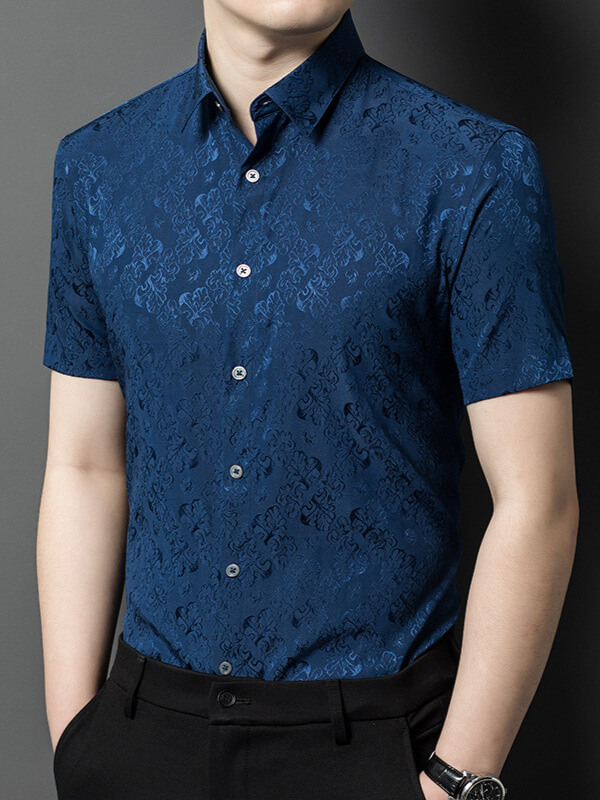 Men's Short Sleeve Floral Jacquard Silk Shirt