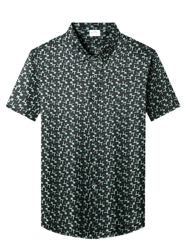 Stylish Black and Green Geometric Print Short-Sleeve Silk Shirt