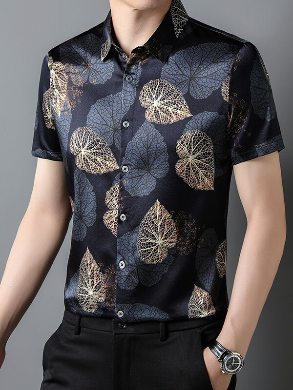 Men's Elegant Short-Sleeve Dark Floral Leaf Pattern Silk Shirt