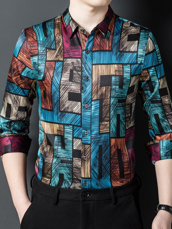 Multicolor Abstract Print Bold Geometric Long Sleeve Silk Shirt