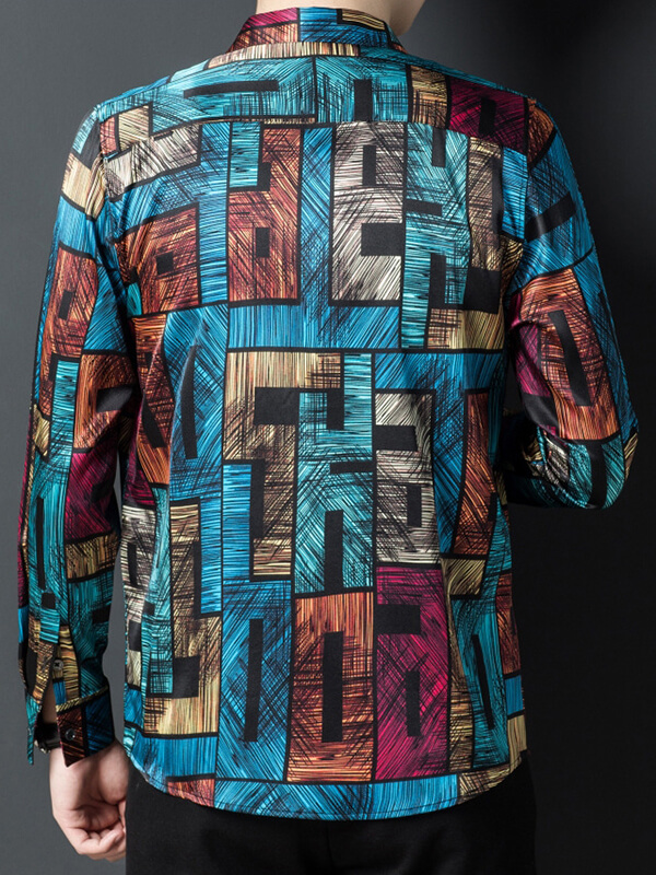 Multicolor Abstract Print Bold Geometric Long Sleeve Silk Shirt