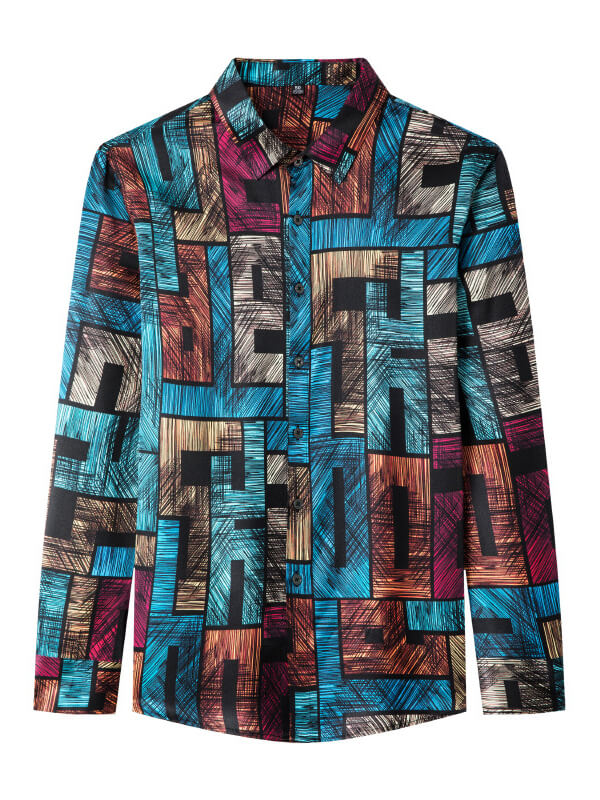 Multicolor Abstract Print Bold Geometric Long Sleeve Silk Shirt