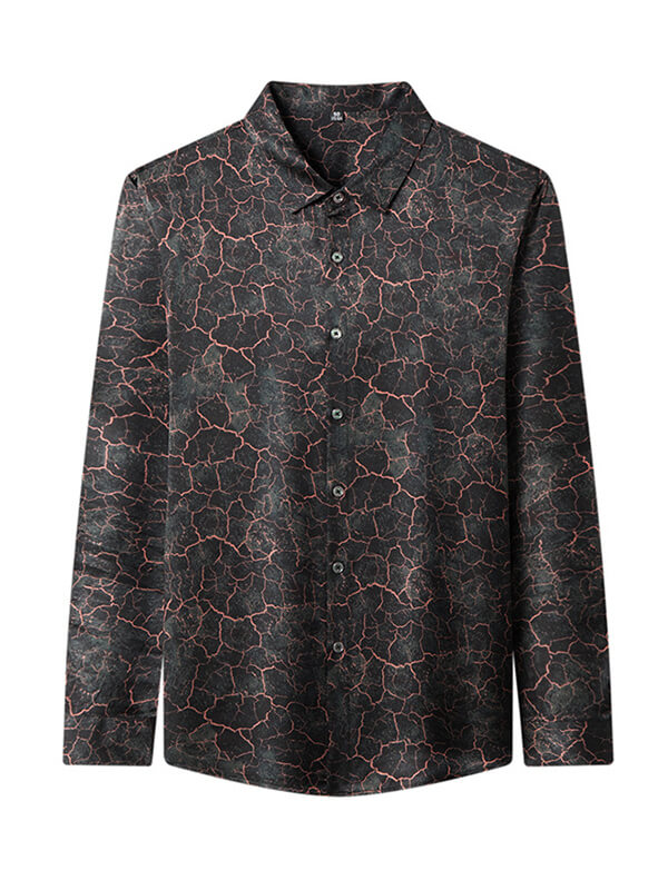 Stylish and Unique Long-Sleeve Black Crackle Pattern Silk Shirt