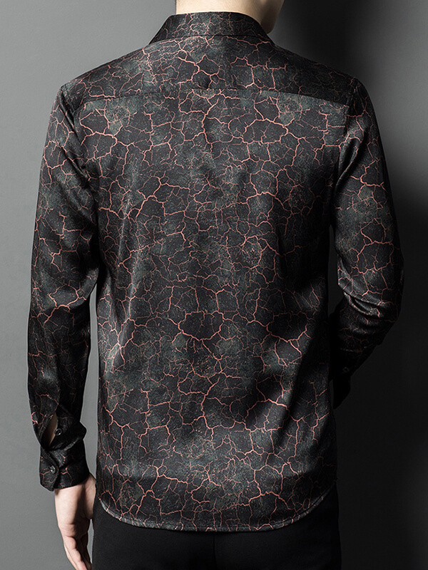 Stylish and Unique Long-Sleeve Black Crackle Pattern Silk Shirt