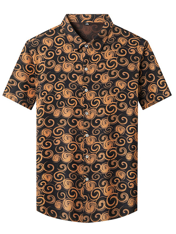 Men's Short Sleeve Black and Brown Swirl Pattern Silk Shirt