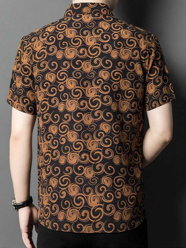 Men's Short Sleeve Black and Brown Swirl Pattern Silk Shirt