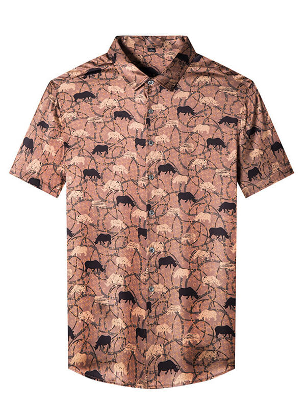 Casual Button-Down Short-Sleeve Safari Animal Print Silk Shirt