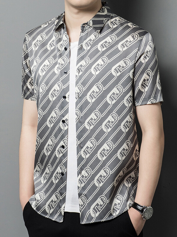 Men's Modern Gray Silk Shirt with Iconic Chain-Link Pattern