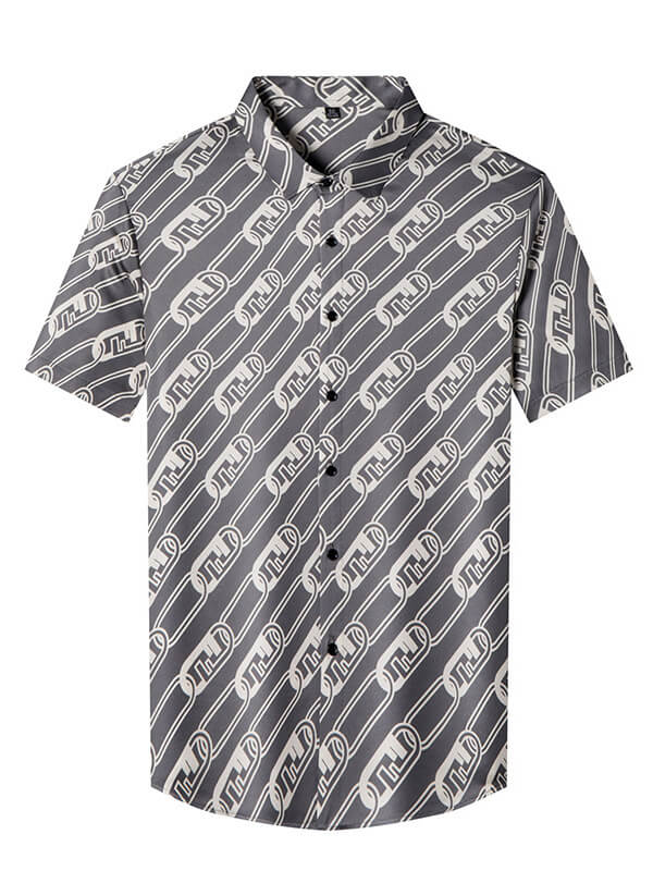 Men's Modern Gray Silk Shirt with Iconic Chain-Link Pattern