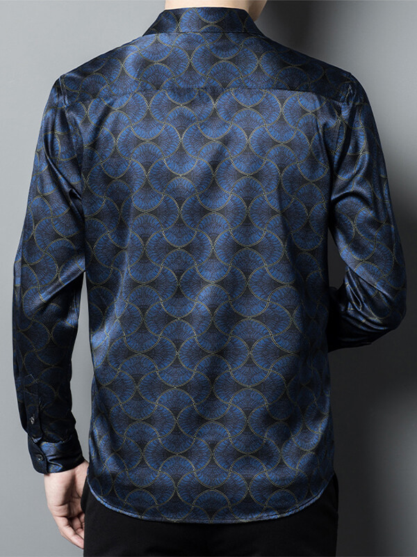 Dark Blue Printed Men's Long Sleeve Silk Shirts