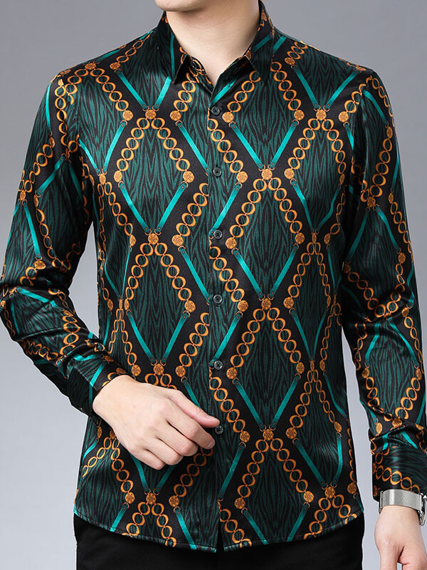 Men's Luxury Fashion Green Printed Silk Shirt [FC021] - $169.00