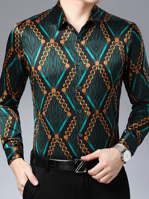 Men's Silk Shirt Luxury silk Dress Shirt Gold Chain Printed Long Sleev