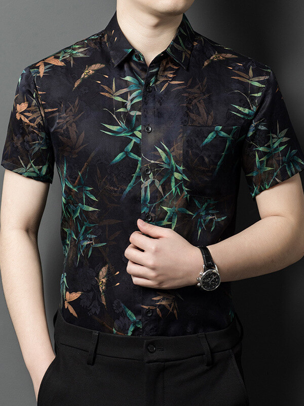 Men's Bamboo Leaf Print Black Short Sleeve Casual Silk Shirt