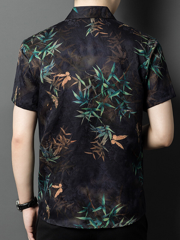 Men's Bamboo Leaf Print Black Short Sleeve Casual Silk Shirt