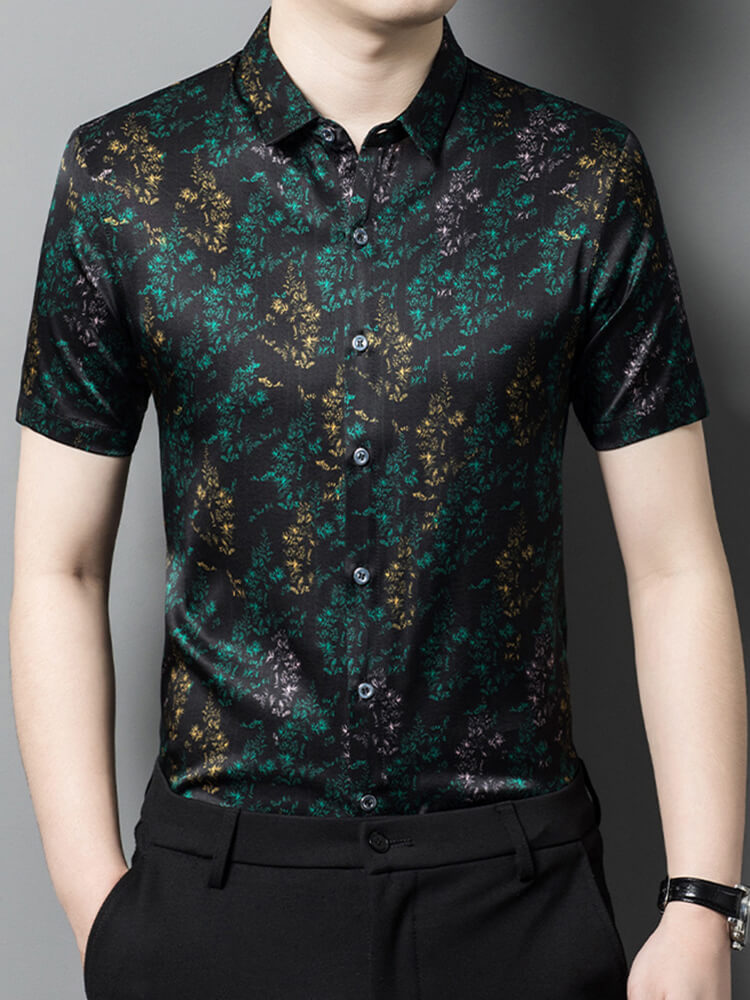 Men's Mulberry Silk Short Sleeved Green Jacquard Casual Shirt