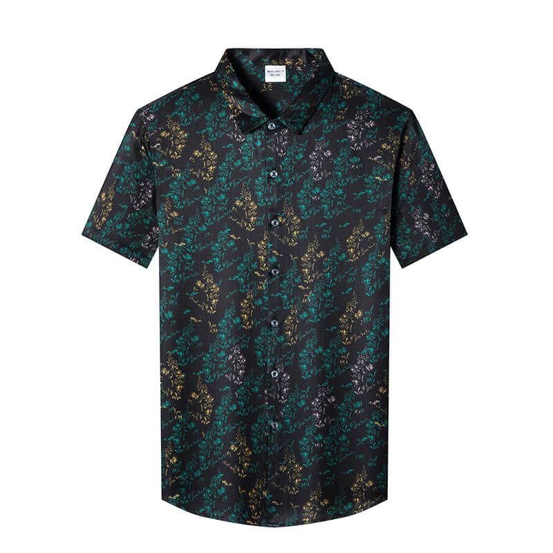 Green Leaves Print Men's Short Sleeve Black Silk Shirt