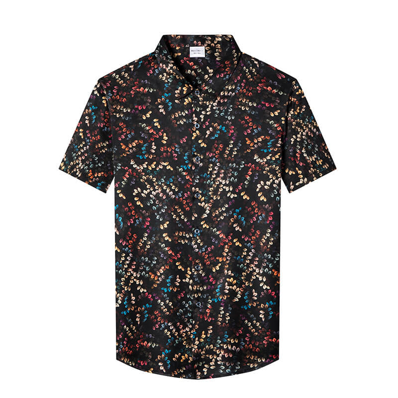 Multicolored Leaves Print Men's Short Sleeve Silk Shirt